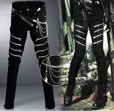 Men's Denim Black Straight Long Pants Gothic Punk Zipper Chain Slim Trousers New • $52.54