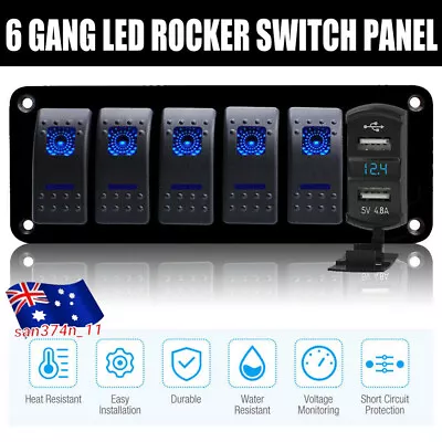 6Gang 12V/24V Fuse Box Blue LED Rocker Switch Panel Dual USB For Car Boat Marin~ • $51.99