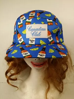 Canadian Club Cap 5 Panel Clasp Back Blue With CC Bottles On Blue Background • $25