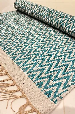 Teal Blue Chevron Zig Zag Handmade Cotton Jute Reversible Washable Kilim Rugs • £59.99