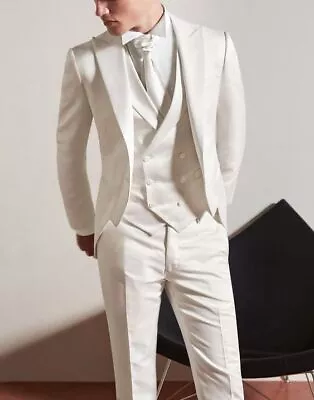 White Satin Men Suit Peak Lapel Groom Party Groom Tuxedo Wedding Prom Custom • $94.15