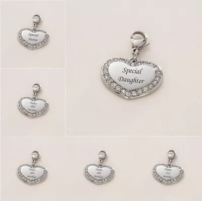 Engraved Heart Charm With Crystals For Bracelets Optional Engraving Both Sides • £9.99