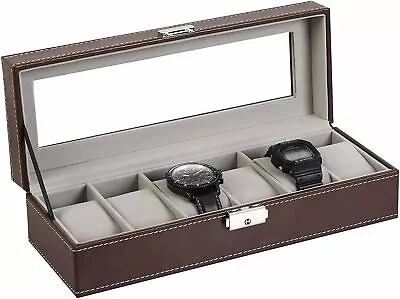 6 Slot Jewelry Watch Box Brown Leather Display Case Men Watch Storage Organizer • $19.99