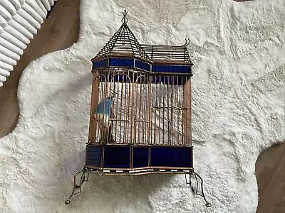 Vintage Victorian House Metal Bird Cage Stain Glass Accents Custom Made • $175