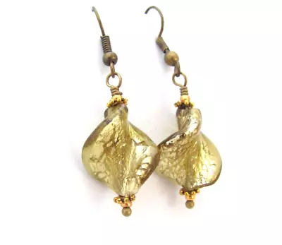 Murano Glass Earrings Green Foil Glass Beads Antiqued Brass Valentine Gift • $12.99