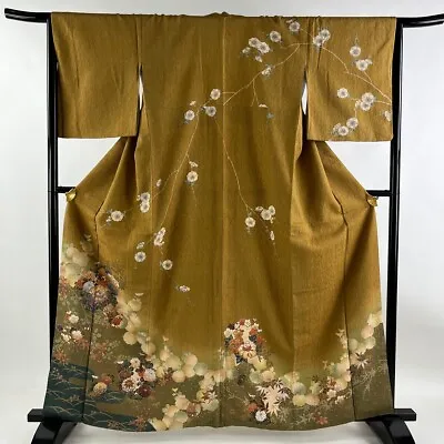 Japan Silk Kimono Houmongi Gold Peony Flower Circle Foil Yellow Brown 64  • £162.64