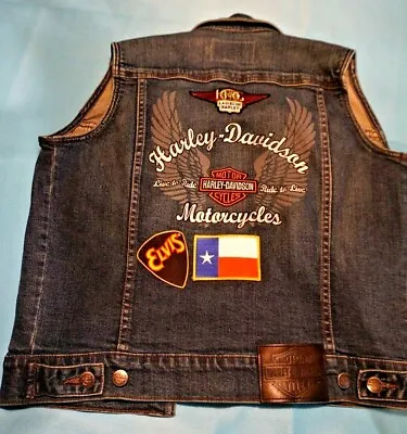 Harley Davidson Denim Vest Embroidered Patches Woman's Size M Medium Elvis Horny • $39.95