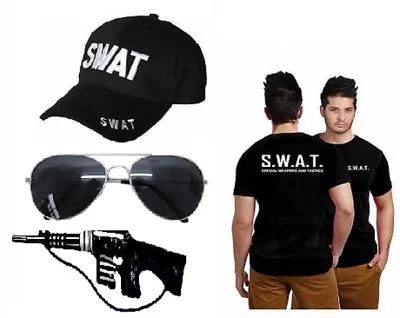 Adult Mens Boys SWAT Printed Shirt Hat Glasses Gun Halloween Fancy Dress Party • £13.99