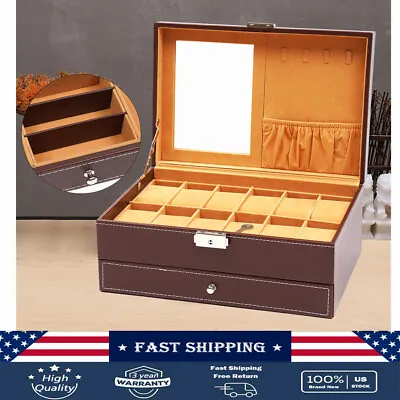 Mens Watch Box Case Organizer 12 Slots Watches Holder Jewelry Storage Display US • $41