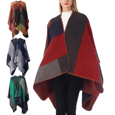 £11.99 • Buy Ladies Poncho Cape Reversible Oversized Shawl Wrap Women Open Front Cardigans