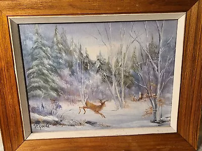 Vintage Oil/canvas VT Snowy Forest Landscape W/Deer  Judith C. Gould  -The Chase • $245