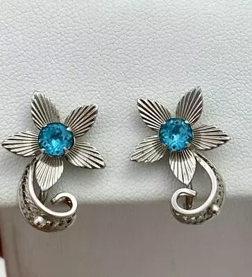 Vintage Van Dell Sterling Silver & Aqua Rhinestone Floral Screw Back Earrings • $19