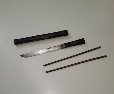 Tibetan? Vintage Knife & Chopsticks W Case Brass Buddhist Ritual Nepal Antiqued? • $75