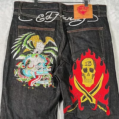 Ed Hardy Jeans Mens 40x36 Blue Dark Pirate Skull Flames • $129.99