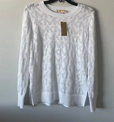 NWT Michael Kors Women Cotton Blend Open Knit MK Logo White Sweater Top Size XS • $44.99