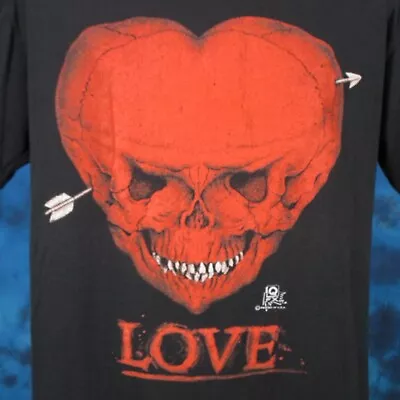 Vtg 80s LOVE SKULL HEART T-Shirt LARGE Skeleton Goth Punk Biker Single Stitch • $29.99