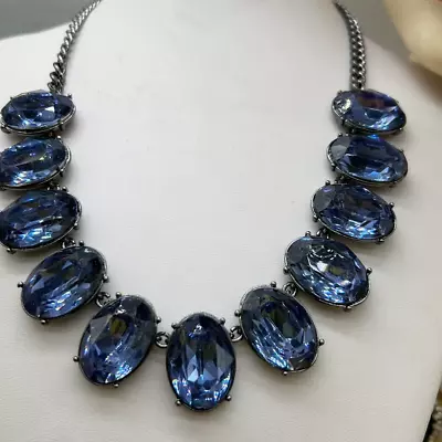 VTG J. Crew Large Oval Crystal Statement Necklace Navy Blue • $29.99