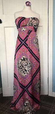 Jane Norman Pink Strapless Scarf Animal Print Summer Maxi Dress Size 10 • £27.99