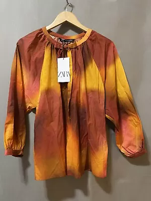 NWT ZARA Women Raglan Long Sleeve Tie Front Cotton Tie Dye Blouse Size S Orange • $32.55