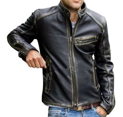 Men’s Motorcycle Biker Vintage Cafe Racer Distressed Black Real Leather Jacket • $119.99