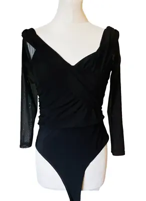 Boohoo Body Black Stretchy Mesh Off The Shoulder Wrap Front Size UK 12 BNWT • £4