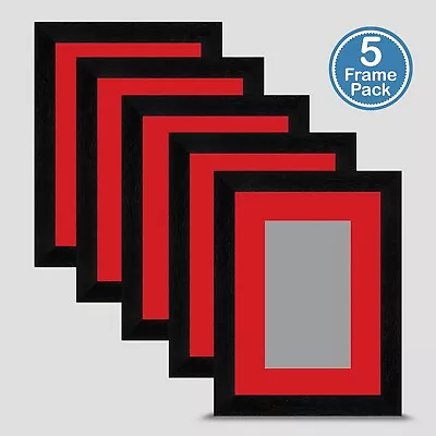 Photo Frame Black 7x5 Inch Multi Pack X5 Incl Bright Red Mount 5x3 Print Art • £41