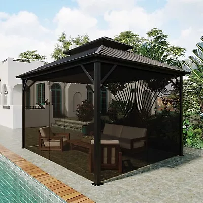 Clihome 10x12Ft 2-Tier Aluminum Frame Hardtop Insulated Gazebo With Mosquito Net • $1460.69
