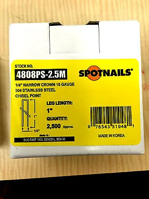 Spotnail 4808PS 1/4-Inch Narrow Crown 1-Inch 18-Gauge Leg Stainless Steel Staple • $28