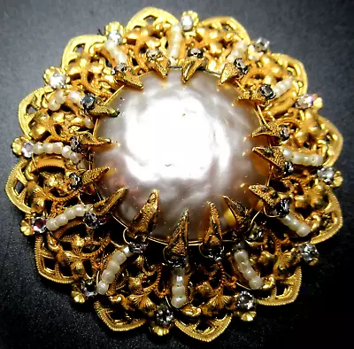 MIRIAM HASKELL HUGE Baroque Style Pearl Sparkling Ice Rhinestone Vintage Pin • $199.99