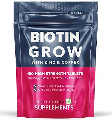 Biotin 10000mcg + Zinc & Copper 180 Tablets | Hair Skin & Nails Growth - Vegan • £4.99