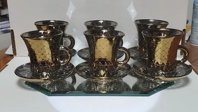 Vintage Set Of 6 Russian Gold Glass Demitasse Cups & Saucers • $20