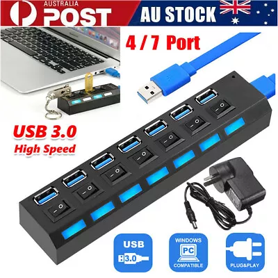 4 Or 7 Port USB 3.0 Hub Powered High Speed Splitter Extender PC AC Cable Adapter • $7.17