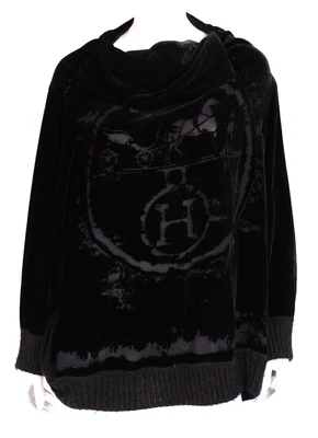$998 • Buy HERMES Black Velvet EX LIBRIS Logo Burnout Cowl Neck Sweater  46