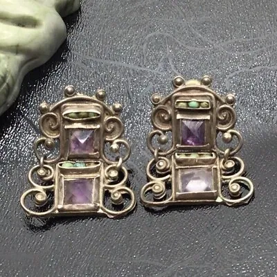 Matilde Poulat Mexico Screw Back Earrings Silver Amethyst Turqoise Signed Vintag • $498