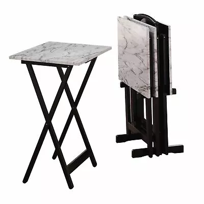 5-Piece White Faux Marble TV Snack Food Tray Set Black Stand Dining Cart Storage • $114.90