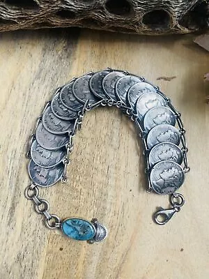 Navajo Turquoise & Sterling Silver Liberty Dime Bracelet By James McCabe • $489