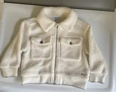 Mayoral Jacket Girls White Sherpa Fleece 3t Zip Pockets Sweatshirt Rhinestone • $32