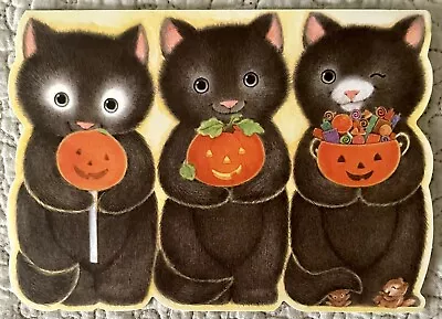 Unused Vintage Halloween Black Cat Trio Jack O Lantern Die Cut Greeting Card • $4.48