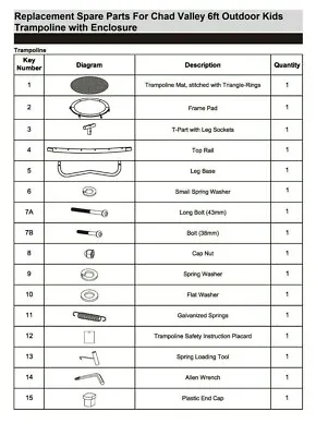 Spare Parts For Chad Valley 6ft Outdoor Kids Trampoline With Enclosure 3327. • £3.50