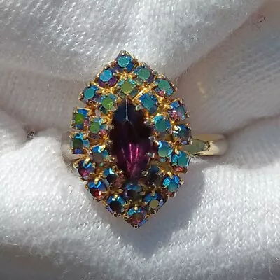 Vintage Cocktail Ring Aurora Borealis Crystals With Amethyst Set In Silver • $40