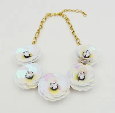 J. Crew  White Iridescent Sequin & Crystal Flower Statement Necklace • $21.90