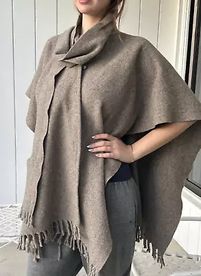 Vintage Wool Shawl Wrap Fringe Poncho Substantial Earth Tone Beauty Excellent • $49.85