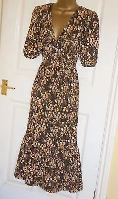 Black Vintage Floral Print Summer Party Midi Tea Day Festival Dress Size 22 • £26