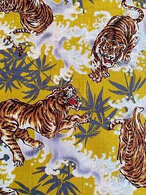 Tigers Fabric Japanese Yellow White Oriental Cotton Chinese Hokusai Waves  • £10.05