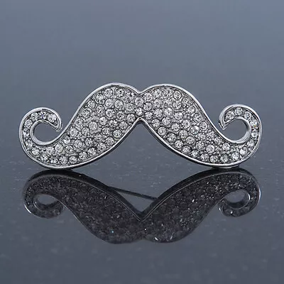 Quirky Clear Austrian Crystal Moustache Brooch In Rhodium Plating - 50mm Length • $14.80