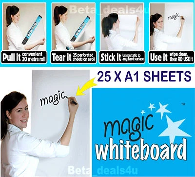 £27.50 • Buy Magic Whiteboard 25 X A1 Sheet Dry Wipe Erasable Roll Self Stick School Reusable