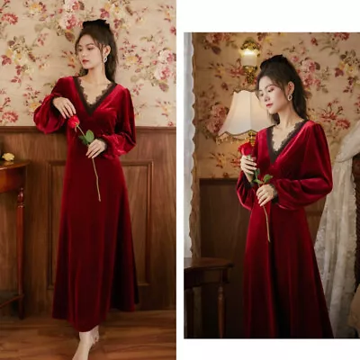 Lady Velour Nightgown Long V Neck Velvet Sleepwear Dress Princess Victorian • £39.19