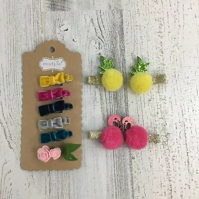 Mud Pie Baby Girls Mini Velour Bow Hair Clips Roses Flamingo Pineapple Lot • $13.49