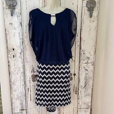 Perceptions Woman's Dress Size 20 W Navy Blue Silver Gold Chevron Blouson Lace • $23.99