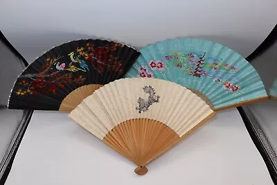 Lot Of 3 Vintage Hand Painted Oriental Japan Asian Paper Bamboo Hand Fans Folds • $15.99